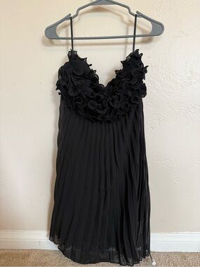 Black Pleated Spaghetti Strap Dress with Floral Appliqué